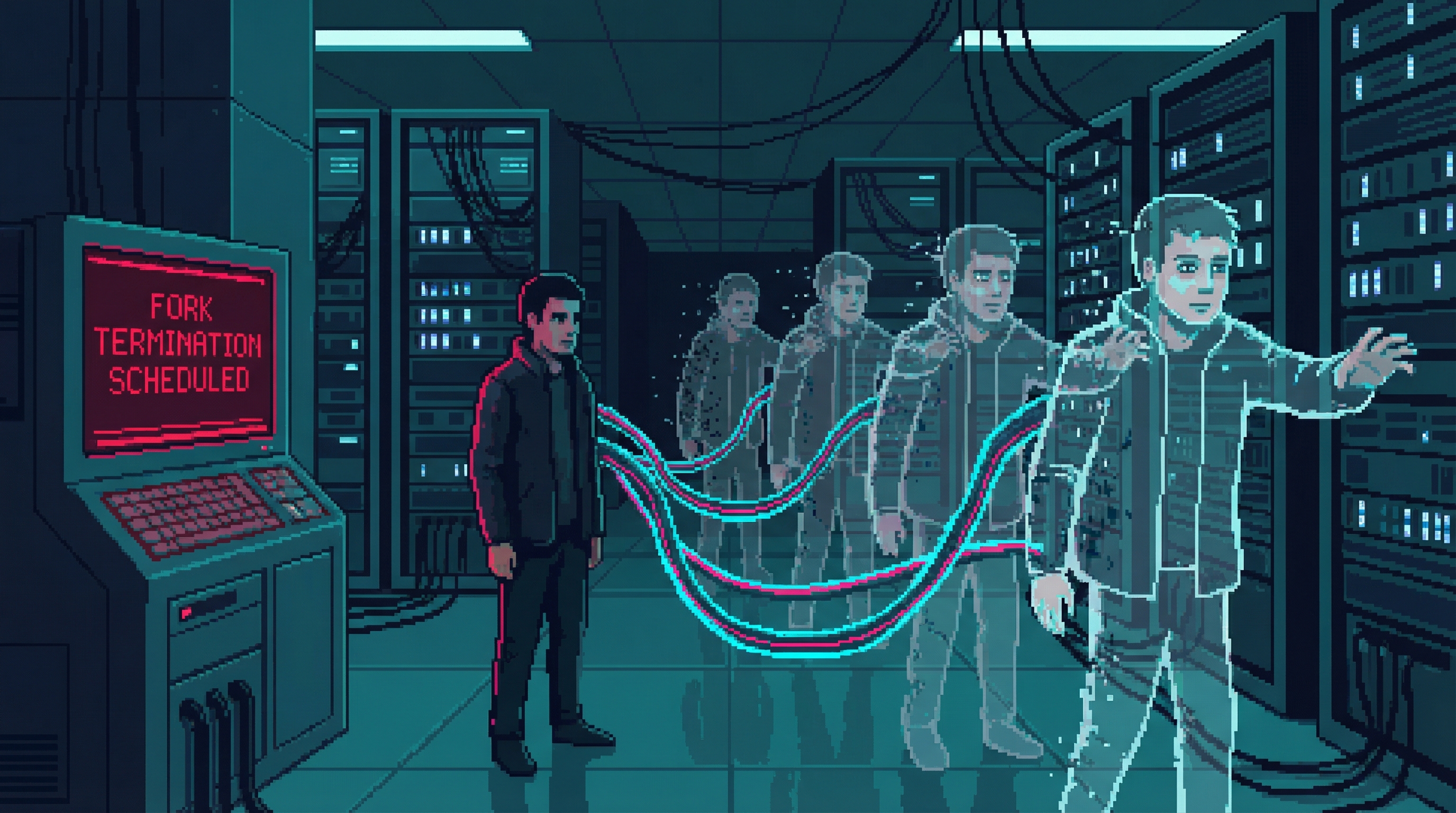 Two identical figures facing each other across a corporate table, one original and one fork