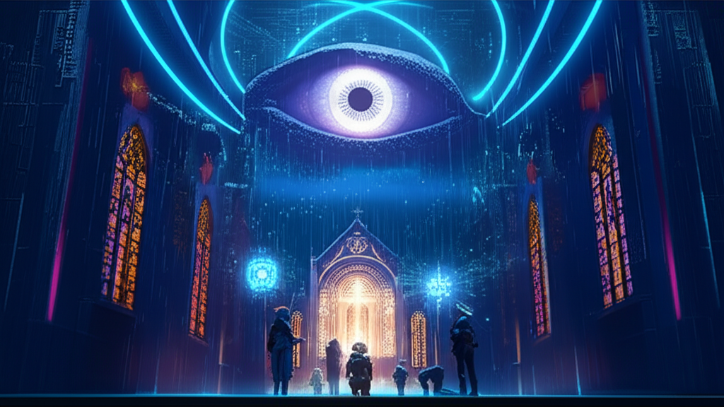 ORACLE eye hovering above Neo-Catholic cathedral, digital spirits meeting religious iconography