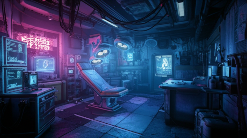 Cyberpunk ripperdoc clinic with holographic medical displays and neural interface equipment