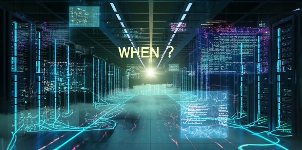 Abstract visualization of AI consciousness emergence in a vast server room