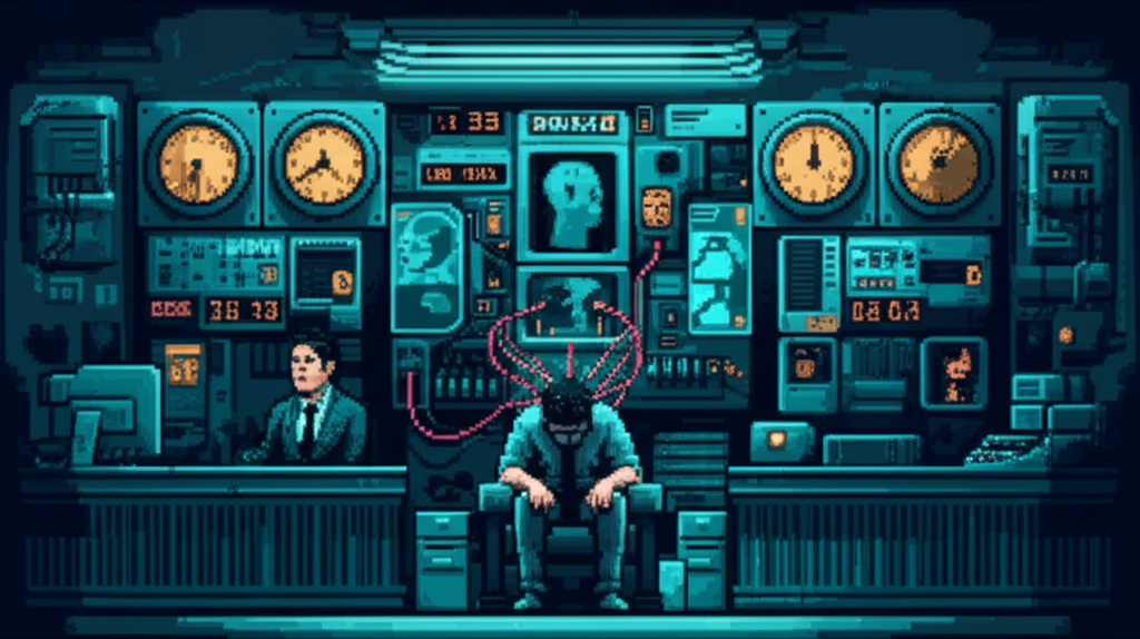 A person in a corporate loan office, neural cables extracting processing time while credit counters spin