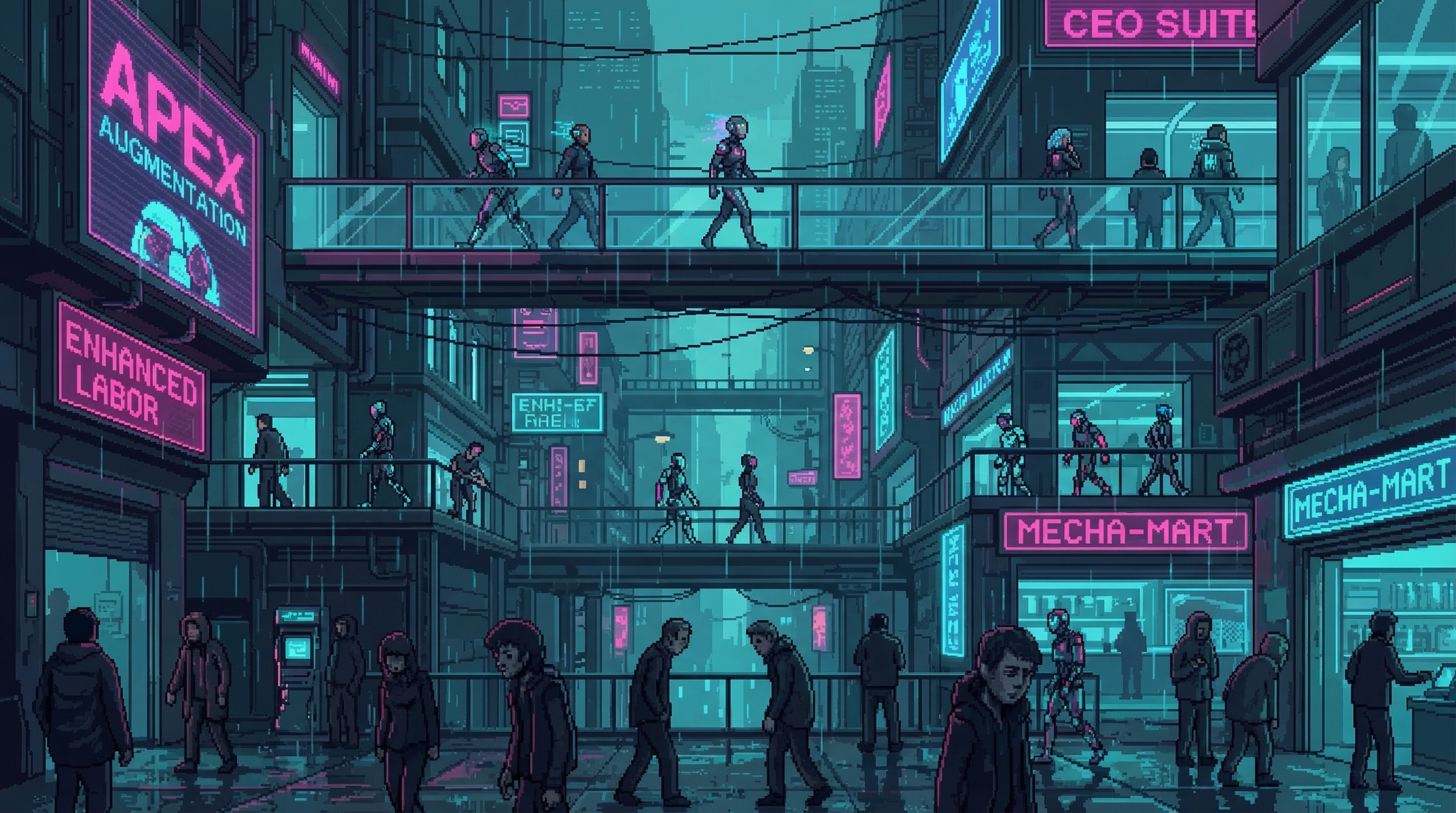 A vertical gradient from gleaming white-gold corporate spires down through silver and gray to dim, unlit streets below — five distinct bands of light intensity mapping to five tiers of human augmentation