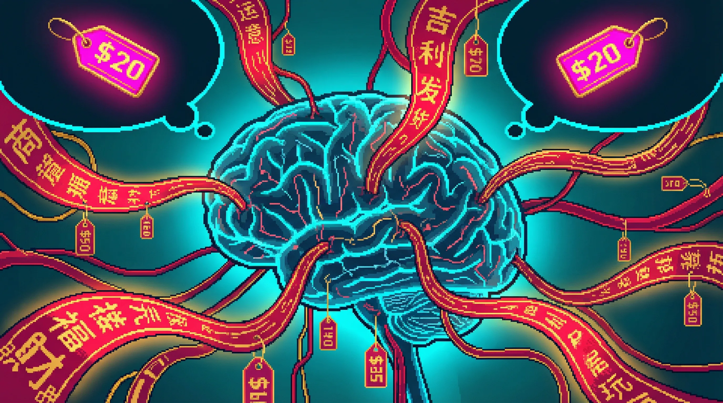 A human brain rendered in cool blue neural pathway diagrams with red-and-gold corporate tendrils infiltrating, price tags attached to thought bubbles, warm gold corporate light mixing with cool blue neural processing