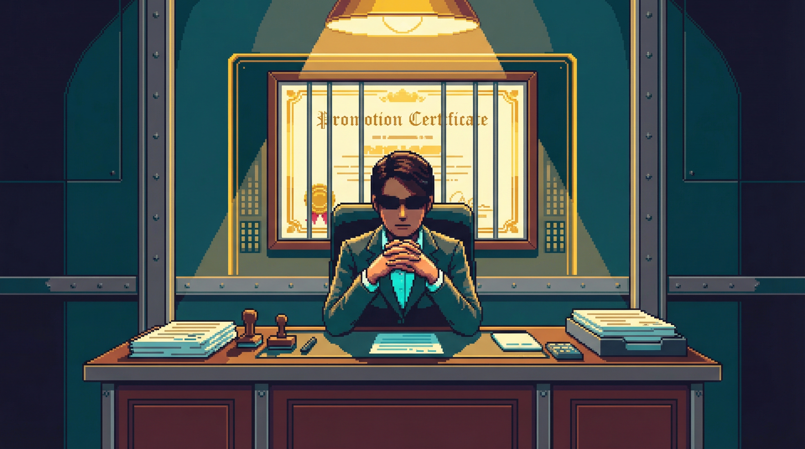 A figure at a corporate desk, hands clasped tightly, fingers interlocked. A promotion certificate on the wall behind them subtly resembles a cage door. Warm golden overhead light casting sharp shadows downward. Documents and stamps cover the desk.