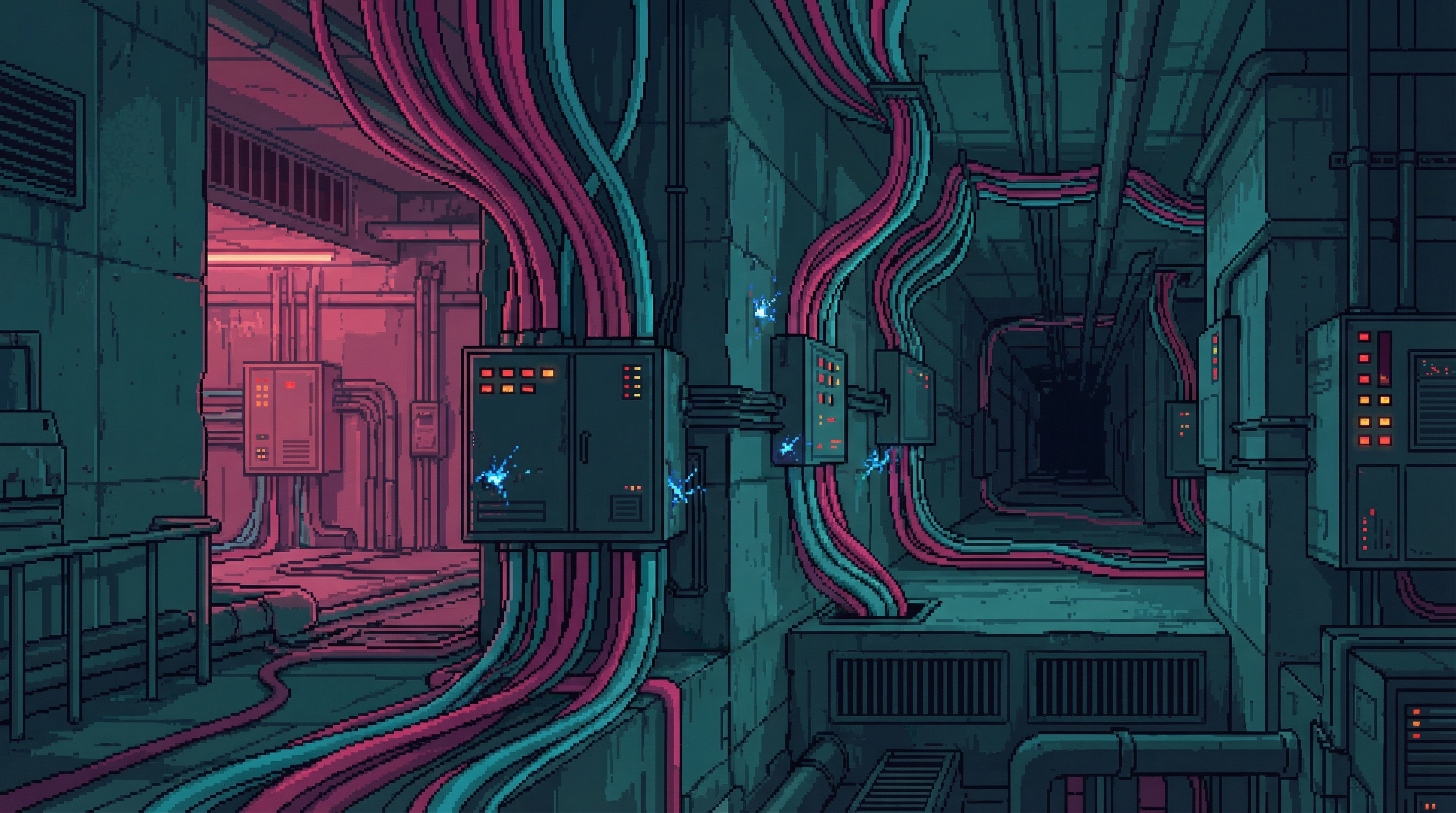 Massive underground power infrastructure with bundles of cables thick as torsos, junction boxes with blinking red and amber indicator lights, occasional blue sparks from worn insulation