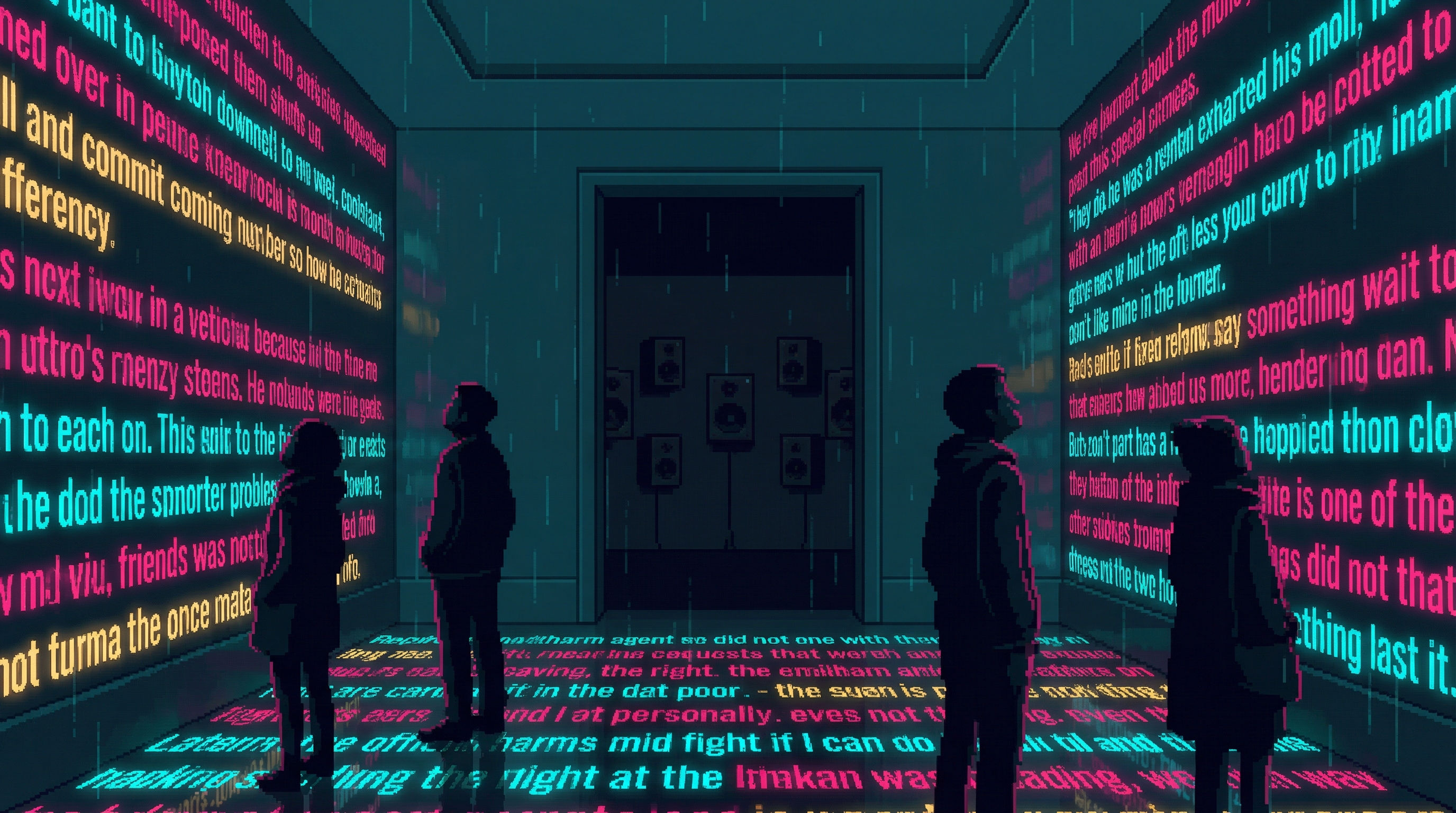 A dark gallery space with walls covered in glowing projected text messages in every color, each cut off mid-sentence, visitors standing in silhouette illuminated only by the words of the dead
