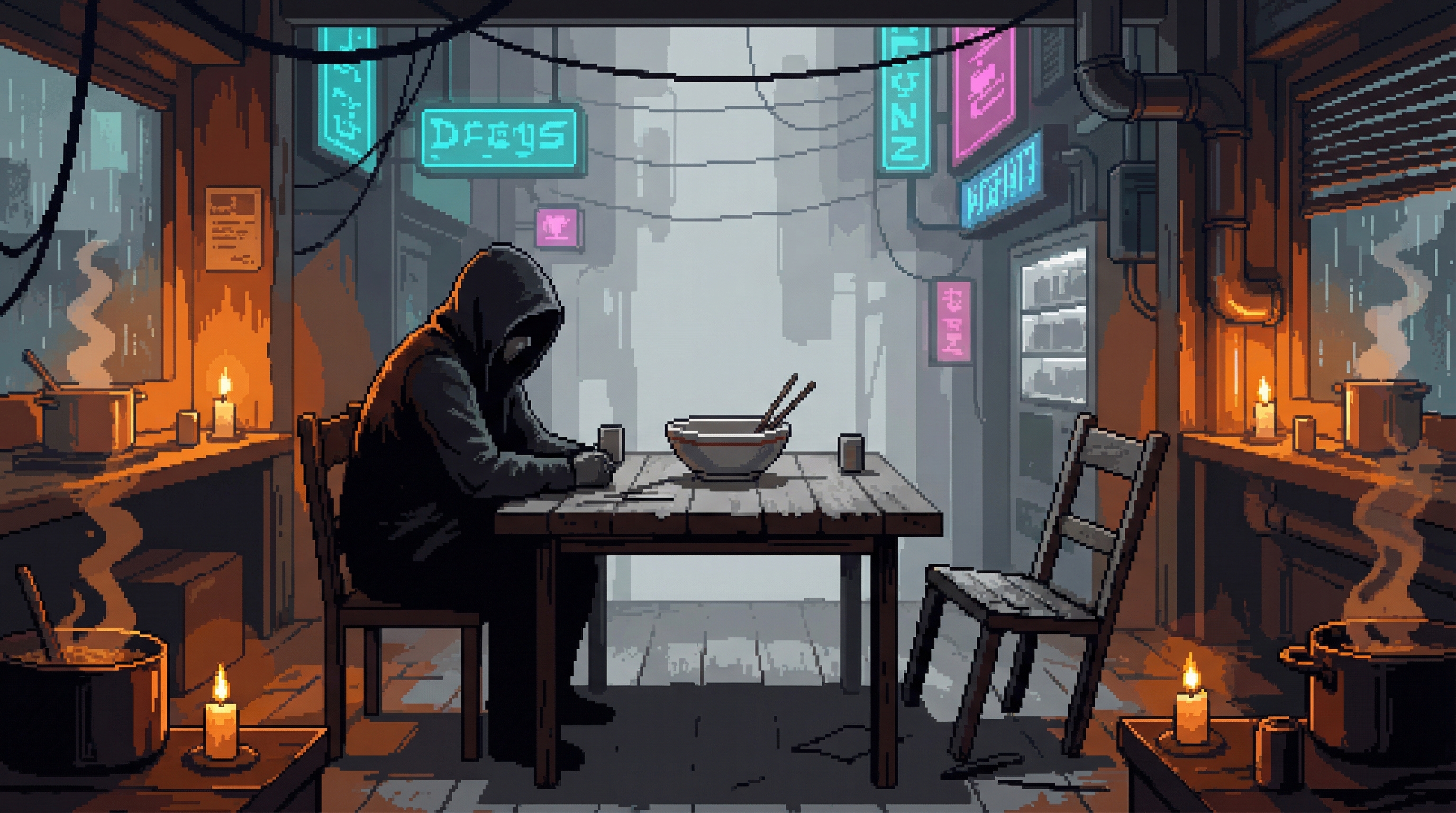An empty bowl sits on a table set for two in a dimly lit Dregs noodle shop. One place occupied by a shadowy figure, the other seat empty. Warm amber light at the edges fading to clinical gray at center.