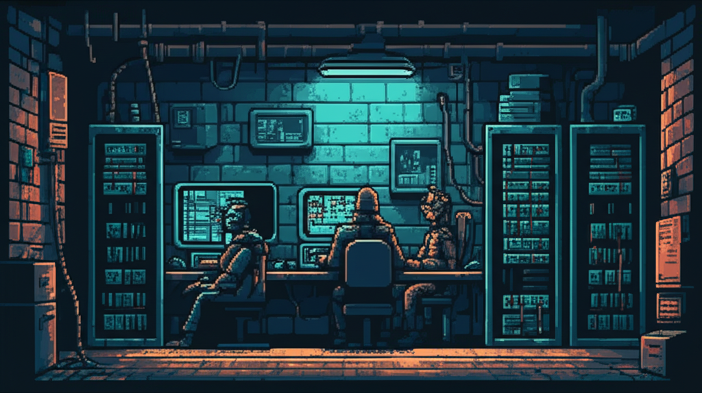 A makeshift upload facility in a darkened warehouse