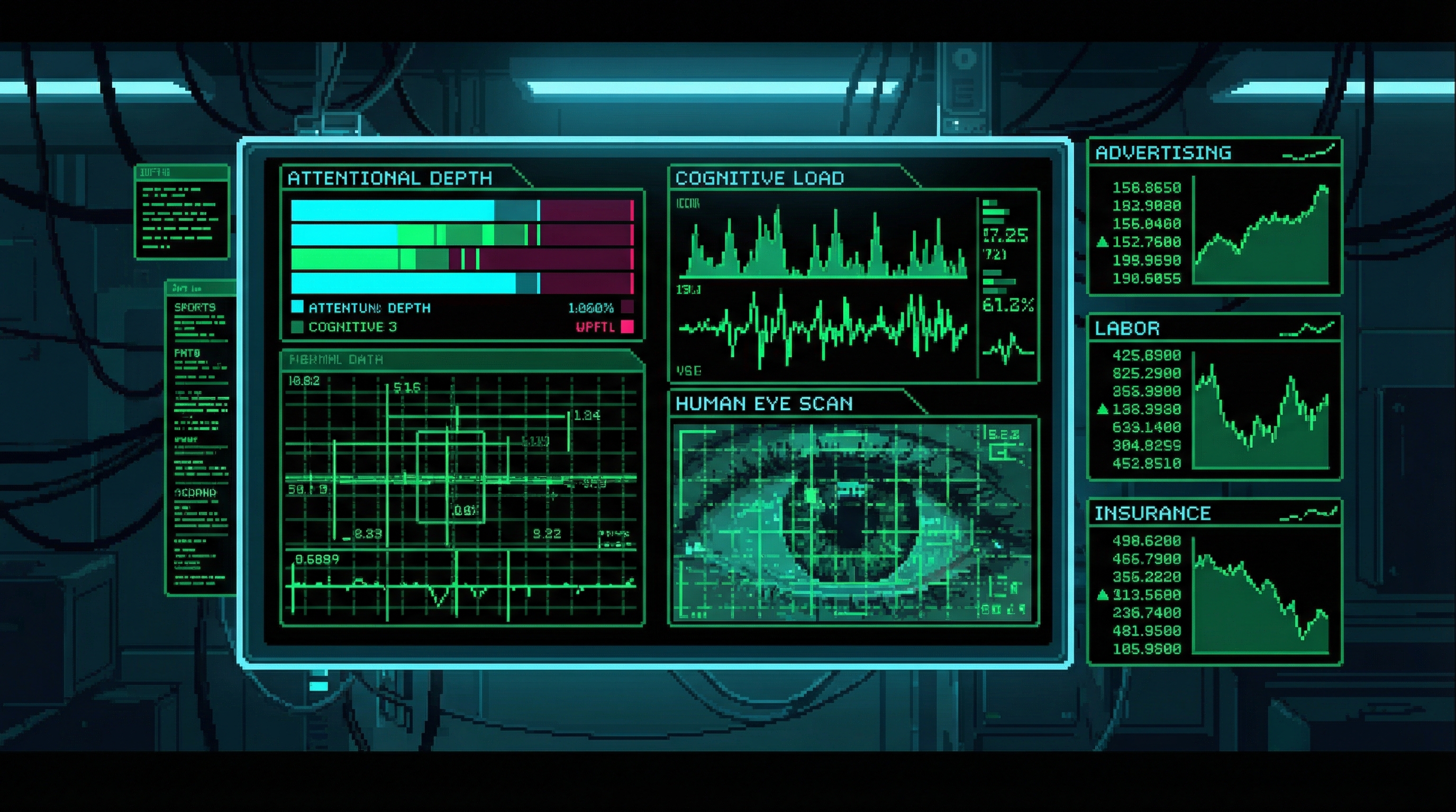 Holographic dashboard displaying real-time attention metrics, data green readouts on black background with attentional depth gauges, cognitive load meters, and a human eye with measurement overlay