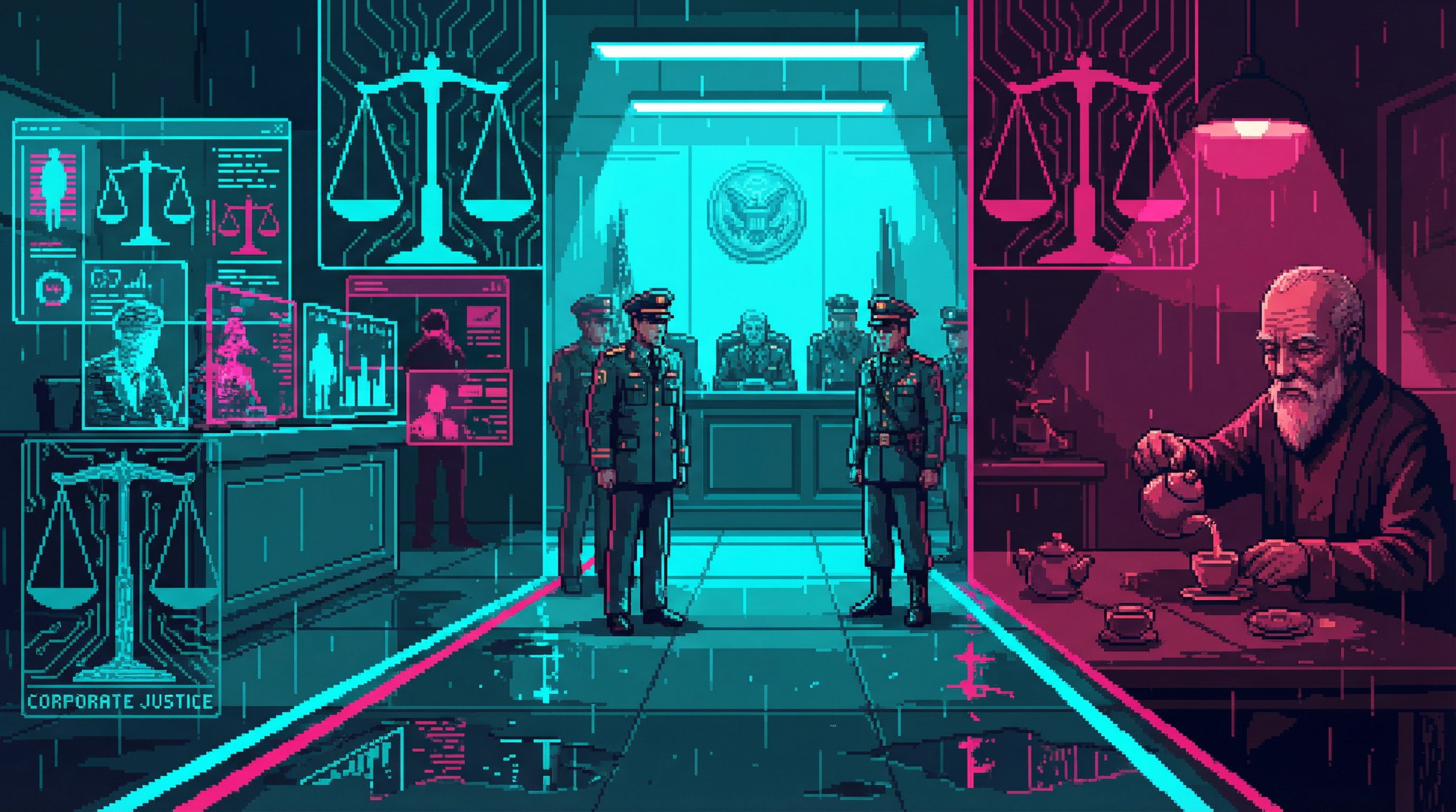 A fragmented cyberpunk courtroom split into three distinct zones — algorithmic holographic displays for corporate justice, military tribunal officers, and an old man pouring tea in a dimly lit room for informal justice, with jurisdictional boundaries visible as glowing lines