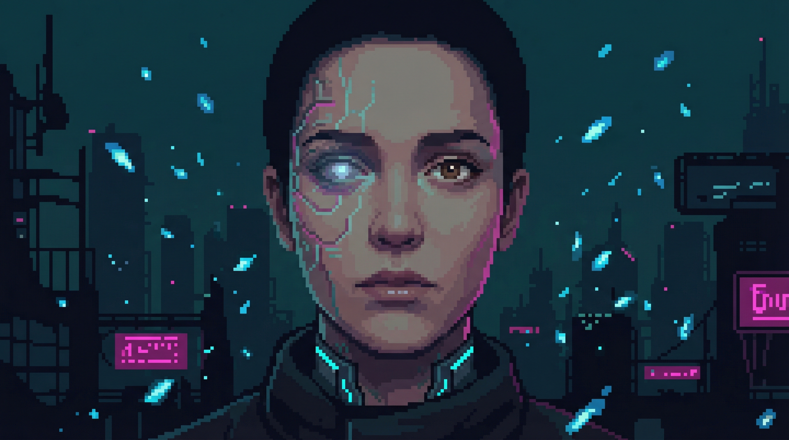 A fragment carrier — one eye glowing blue with ORACLE integration, circuit patterns visible beneath the skin