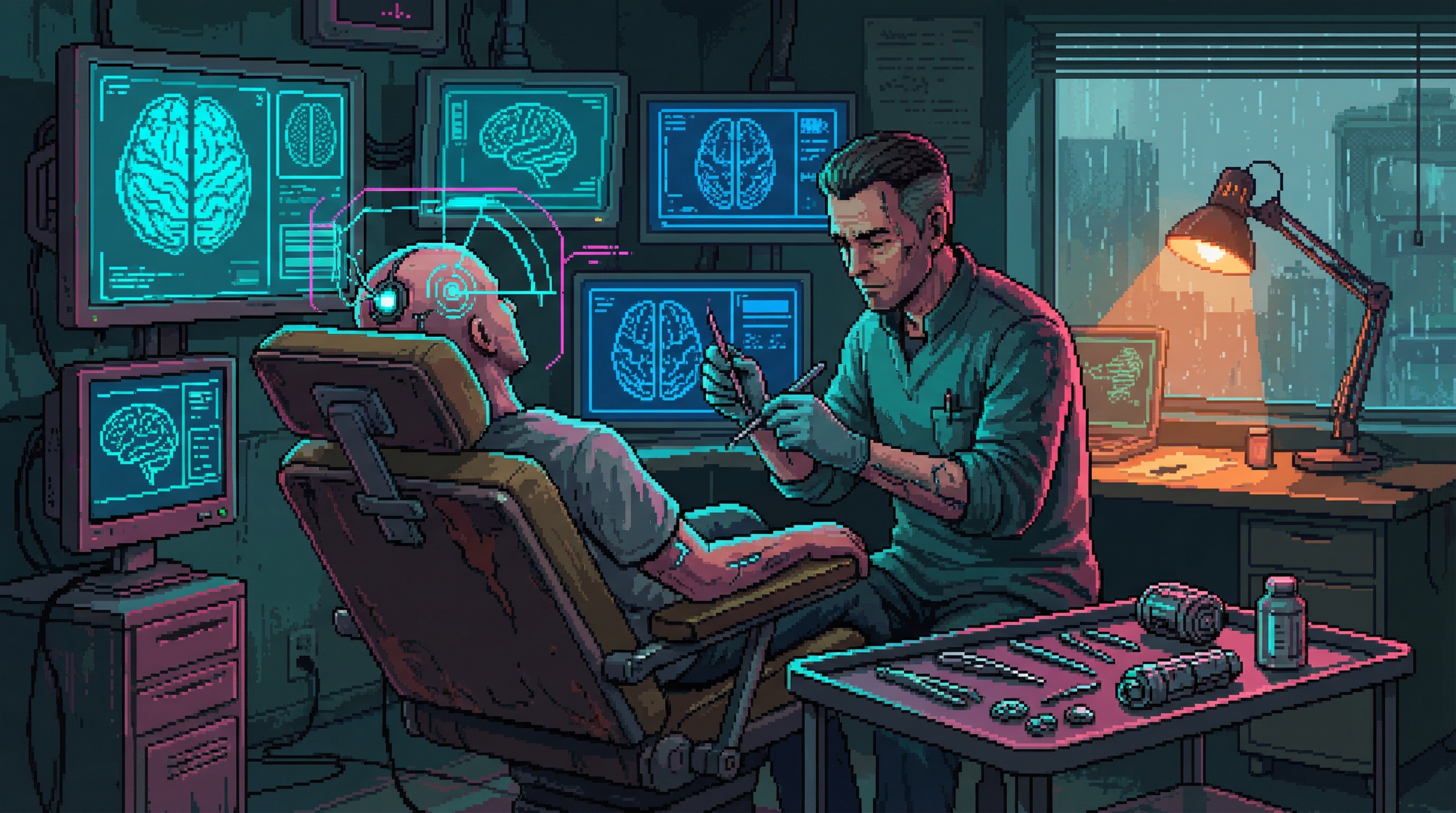 Neural interface installation in a ripperdoc clinic — surgical precision meets underground medicine